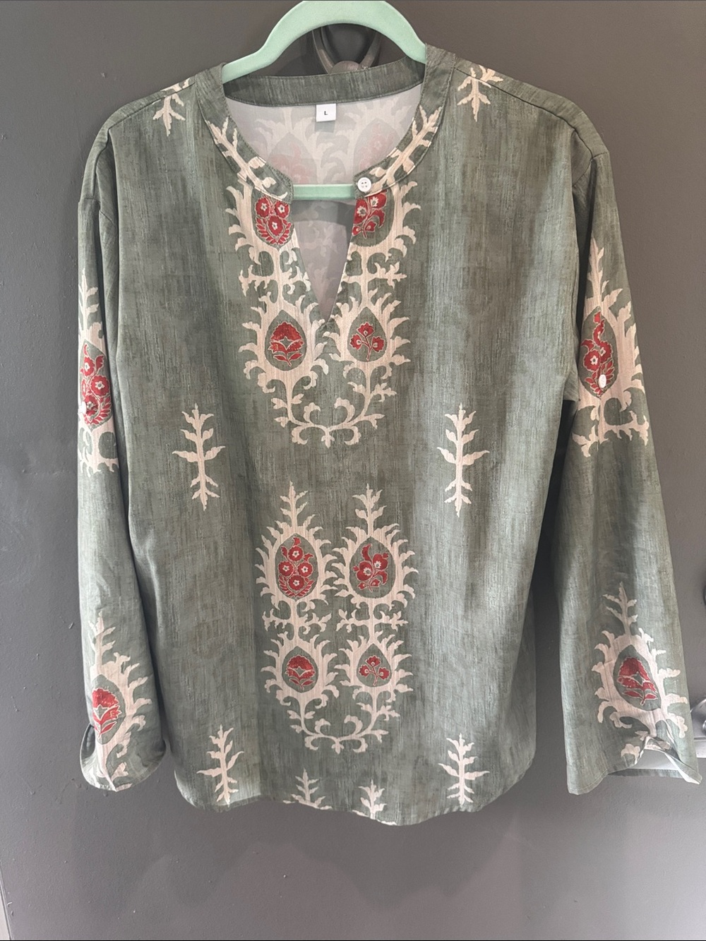 Artsy V-Neck Tunic Top — Sage Green with Red Accents